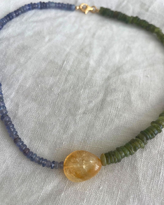 Colorblock: green vessonite and hessonite garnet