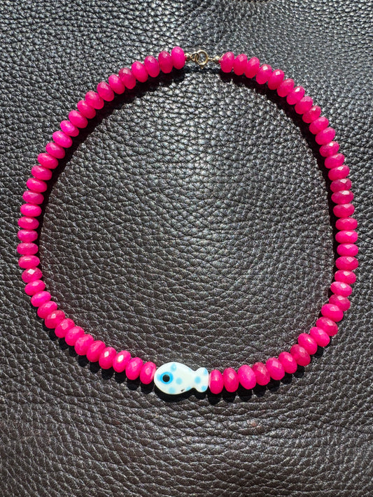 Bead Fish Necklace: Pink Agate