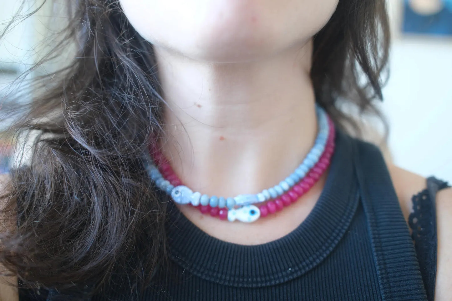 Bead Fish Necklace: Blue Opal